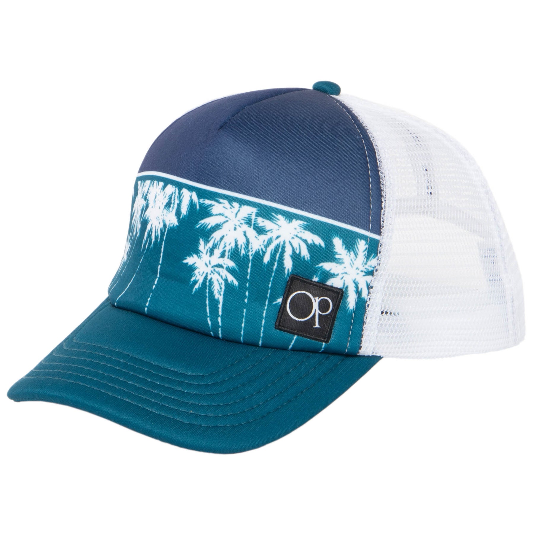 Ocean Pacific - 5 Panel Trucker Hat with White Palm Tree Print