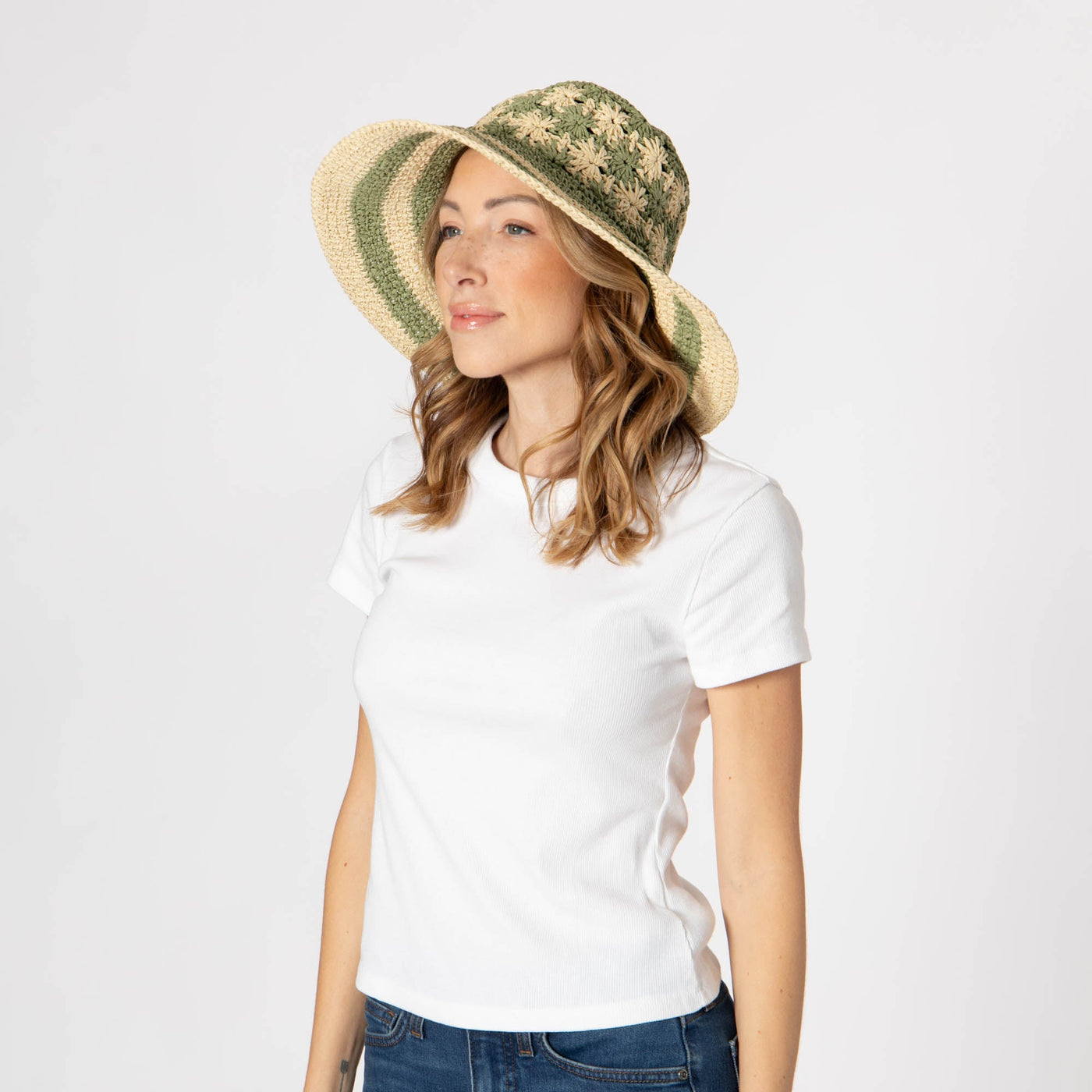 Women's Striped & Floral Crochet Bucket Hat-BUCKET-San Diego Hat Company