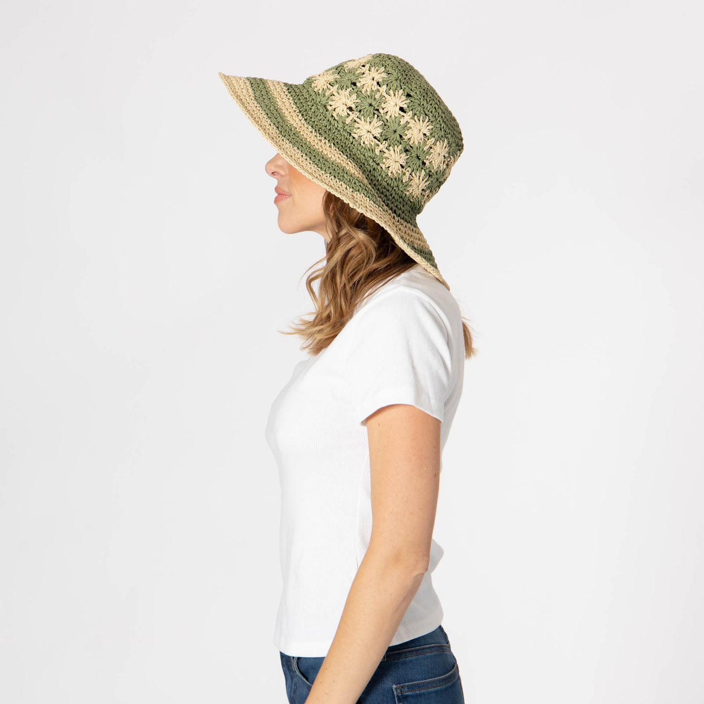 Women's Striped & Floral Crochet Bucket Hat-BUCKET-San Diego Hat Company