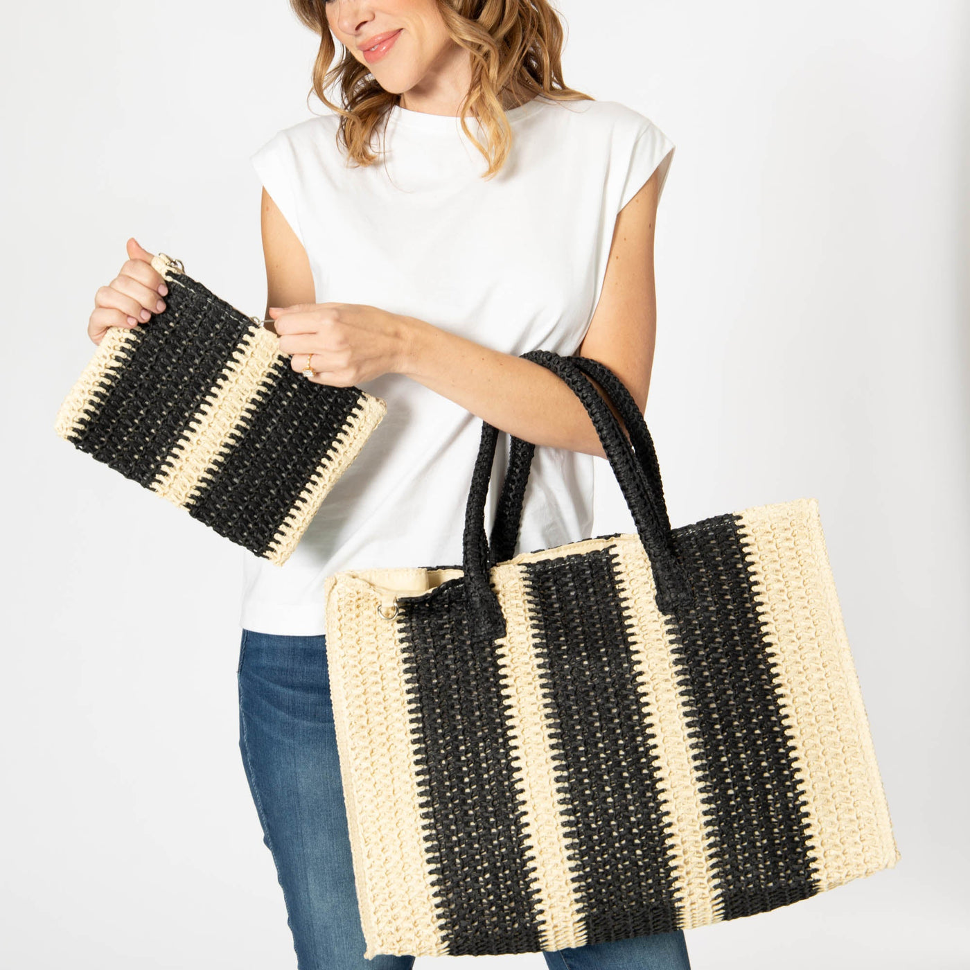 Mercado - Striped Crochet Tote with Matching Pouch-TOTE-San Diego Hat Company