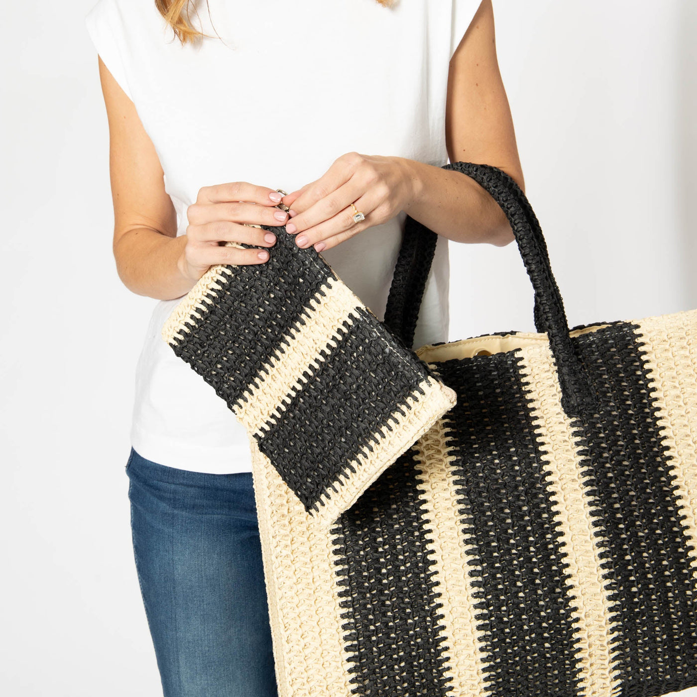 Mercado - Striped Crochet Tote with Matching Pouch-TOTE-San Diego Hat Company